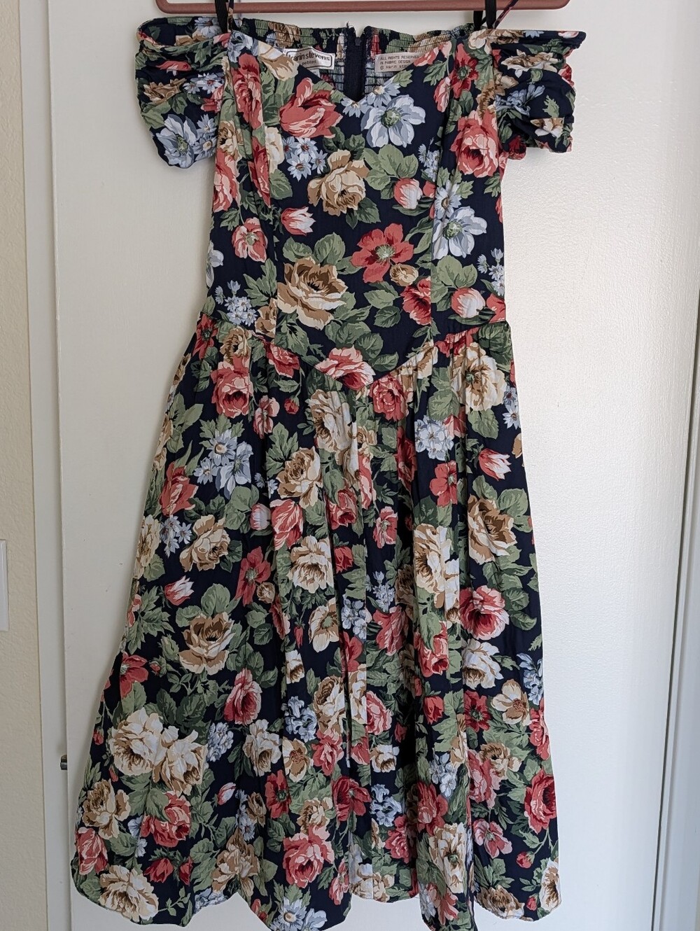 VTG Karen Stevens Floral Dress 14P Off-Shoulder Midi 80's Cottage Prairie